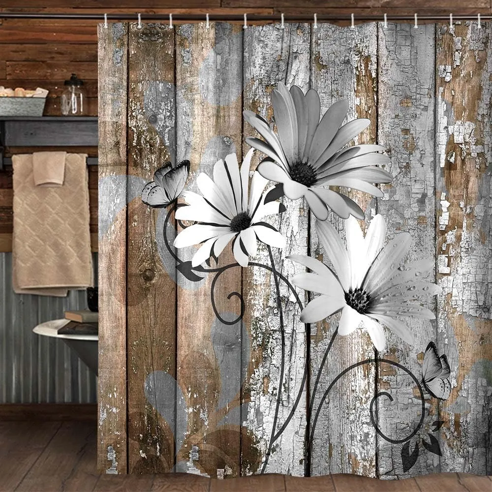 JAWO Farmhouse Flower Floral Shower Curtain, Rustic Grey Daisy Shower Curtain Set, Country Grey Wild Garden Plant Fabric Shower Curtain with Hooks, Brown Wooden Board Bathroom Curtain, 69x70inch