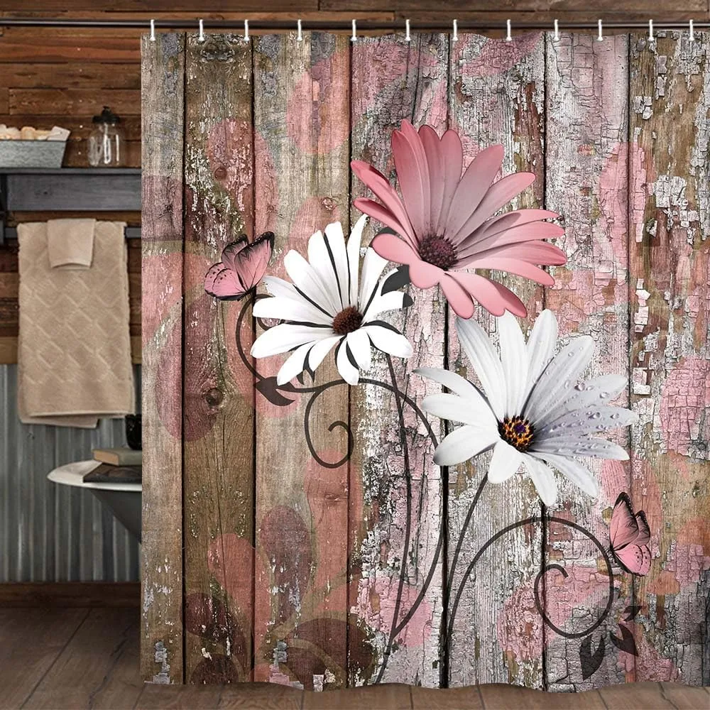 JAWO Farmhouse Flower Floral Shower Curtain, Rustic Pink Daisy Shower Curtain Set, Country Pink Wild Garden Plant Fabric Shower Curtain with Hooks, Brown Wooden Board Bathroom Curtain, 69x70inch
