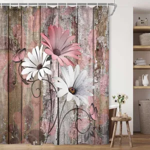 JAWO Farmhouse Flower Floral Shower Curtain, Rustic Pink Daisy Shower Curtain Set, Country Pink Wild Garden Plant Fabric Shower Curtain with Hooks, Brown Wooden Board Bathroom Curtain, 69x70inch