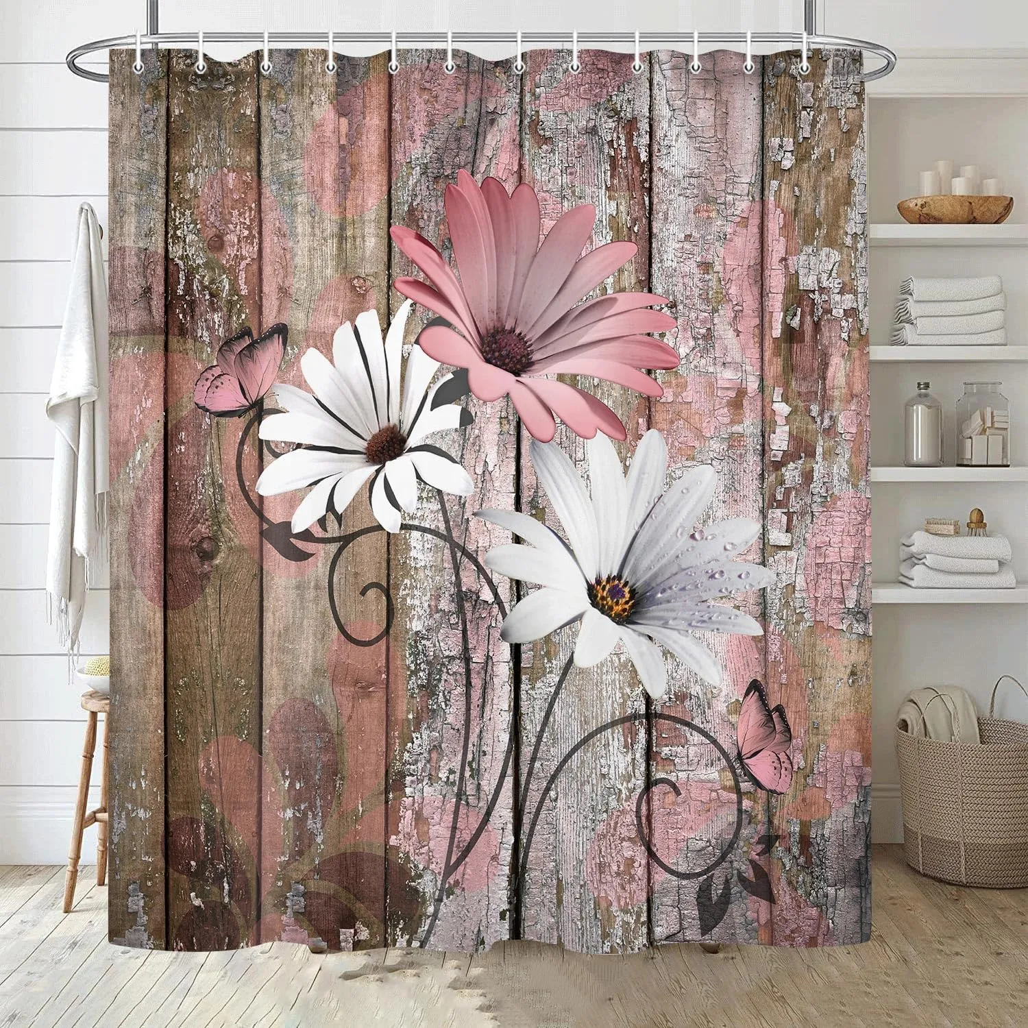 JAWO Farmhouse Flower Floral Shower Curtain, Rustic Pink Daisy Shower Curtain Set, Country Pink Wild Garden Plant Fabric Shower Curtain with Hooks, Brown Wooden Board Bathroom Curtain, 69x70inch