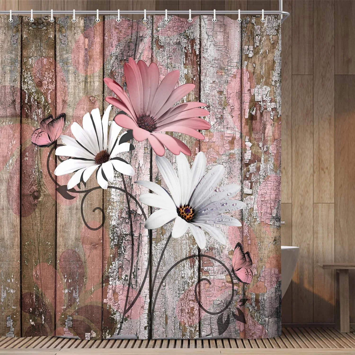 JAWO Farmhouse Flower Floral Shower Curtain, Rustic Pink Daisy Shower Curtain Set, Country Pink Wild Garden Plant Fabric Shower Curtain with Hooks, Brown Wooden Board Bathroom Curtain, 69x70inch