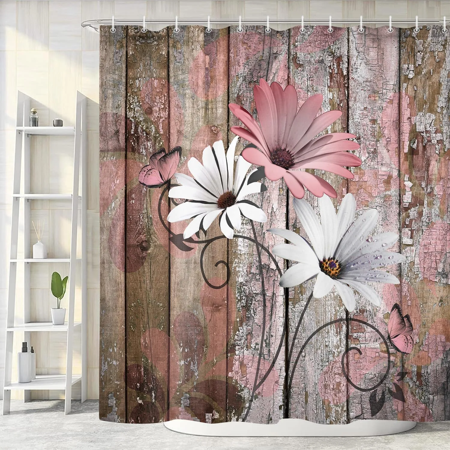 JAWO Farmhouse Flower Floral Shower Curtain, Rustic Pink Daisy Shower Curtain Set, Country Pink Wild Garden Plant Fabric Shower Curtain with Hooks, Brown Wooden Board Bathroom Curtain, 69x70inch