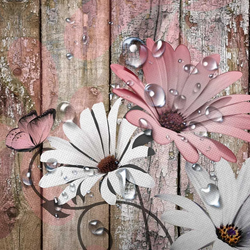 JAWO Farmhouse Flower Floral Shower Curtain, Rustic Pink Daisy Shower Curtain Set, Country Pink Wild Garden Plant Fabric Shower Curtain with Hooks, Brown Wooden Board Bathroom Curtain, 69x70inch