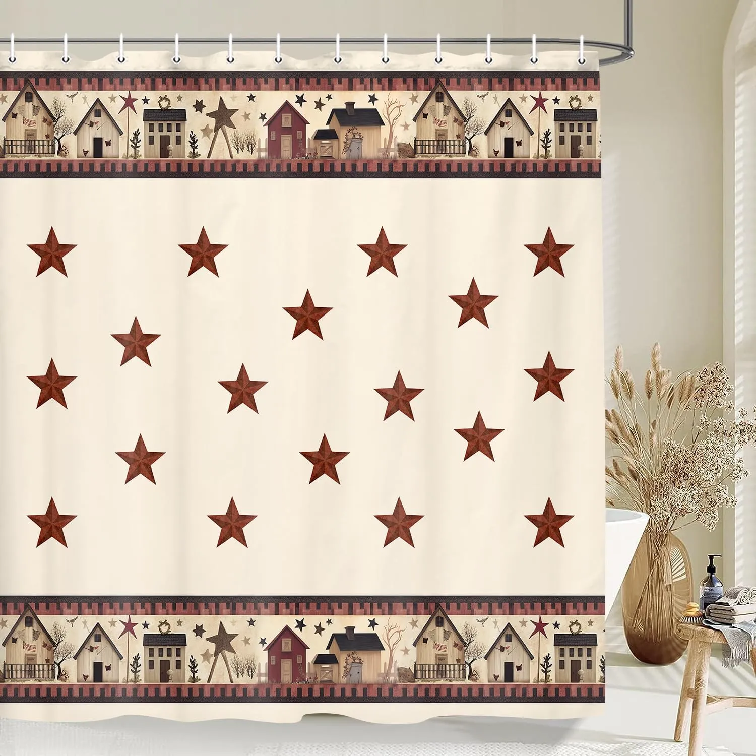 JAWO Rustic Country Shower Curtains, Primitive Barn Star Relax Bath Outhouse Christmas Farmhouse Shower Curtain for Bathroom Decor Polyester Fabric Bath Curtain and Hooks 70x70inches…