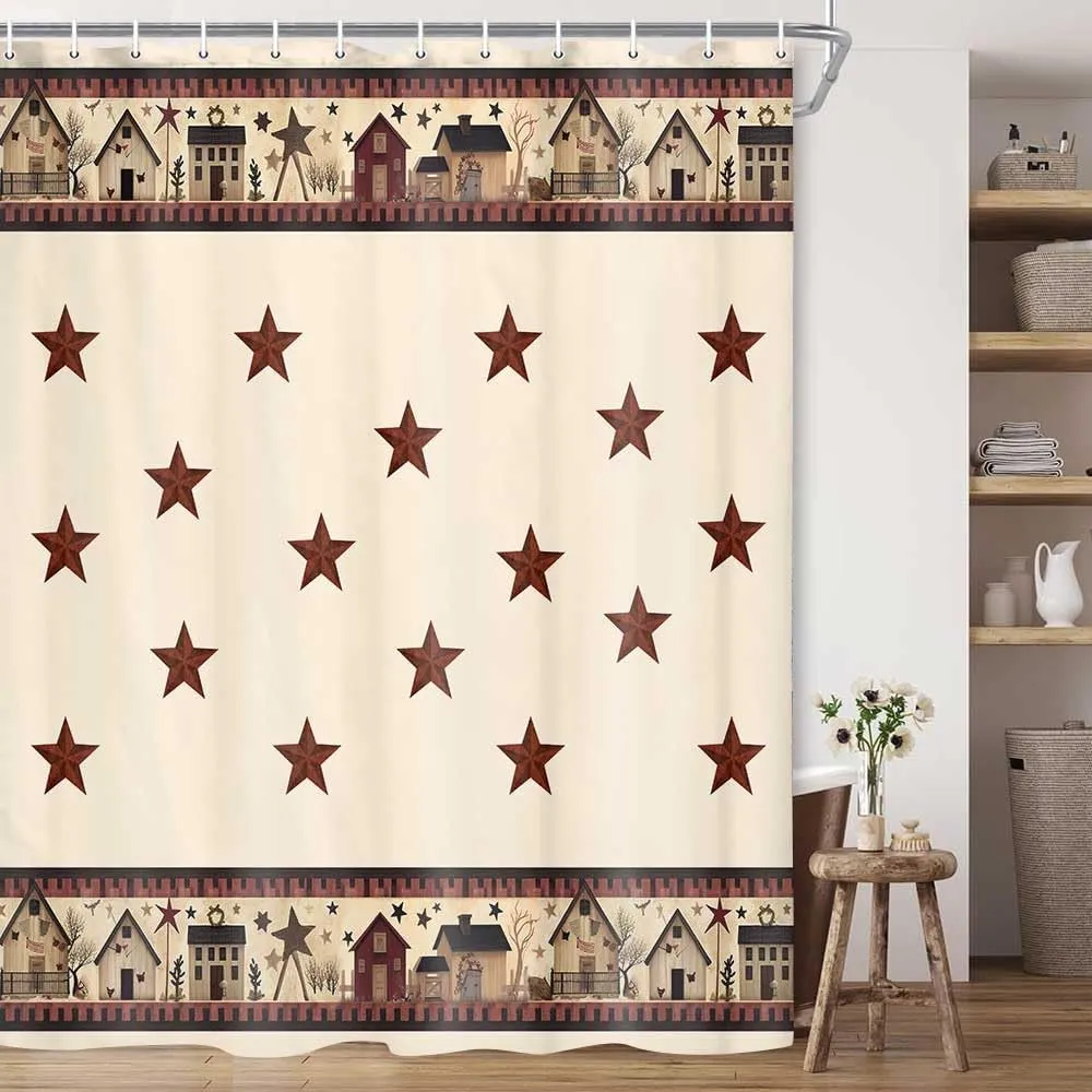 JAWO Rustic Country Shower Curtains, Primitive Barn Star Relax Bath Outhouse Christmas Farmhouse Shower Curtain for Bathroom Decor Polyester Fabric Bath Curtain and Hooks 70x70inches…
