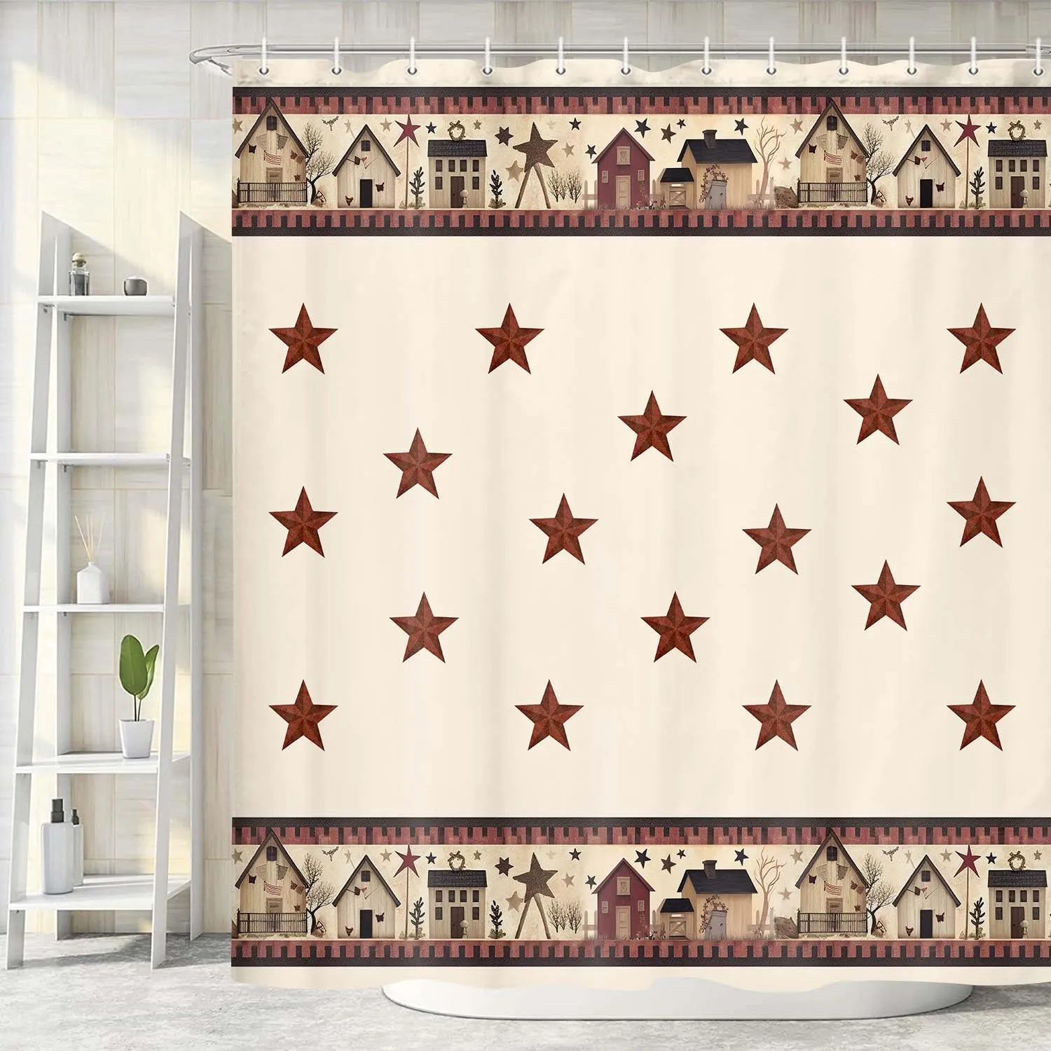 JAWO Rustic Country Shower Curtains, Primitive Barn Star Relax Bath Outhouse Christmas Farmhouse Shower Curtain for Bathroom Decor Polyester Fabric Bath Curtain and Hooks 70x70inches…