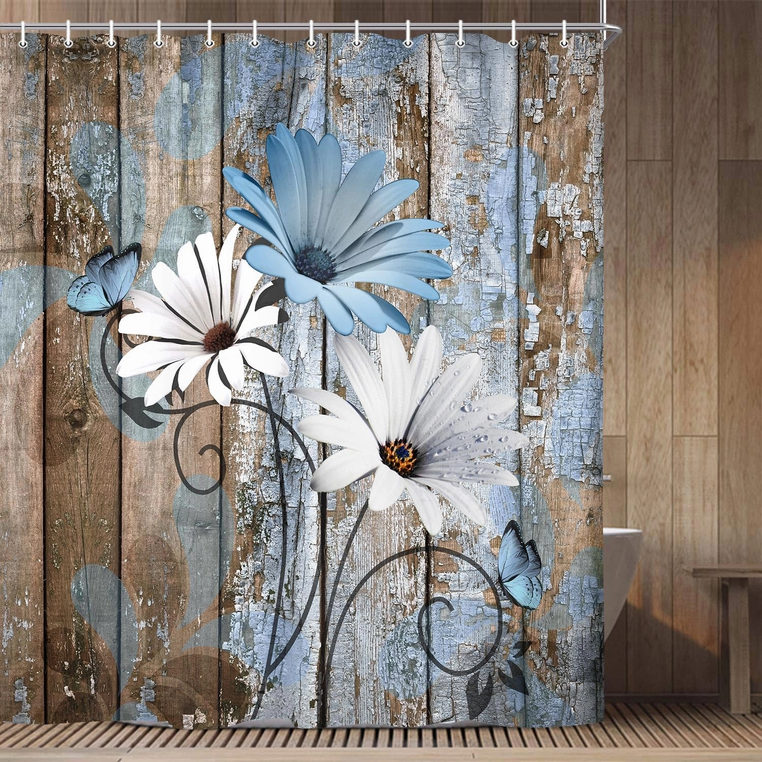 JAWO Farmhouse Flower Floral Shower Curtain, Rustic Blue Daisy Shower Curtain Set, Country Blue Wild Garden Plant Fabric Shower Curtain with Hooks, Brown Wooden Board Bathroom Curtain, 69x70inch