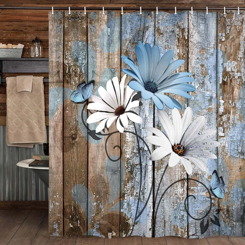 JAWO Farmhouse Flower Floral Shower Curtain, Rustic Blue Daisy Shower Curtain Set, Country Blue Wild Garden Plant Fabric Shower Curtain with Hooks, Brown Wooden Board Bathroom Curtain, 69x70inch