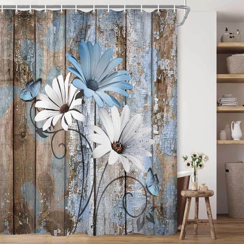 JAWO Farmhouse Flower Floral Shower Curtain, Rustic Blue Daisy Shower Curtain Set, Country Blue Wild Garden Plant Fabric Shower Curtain with Hooks, Brown Wooden Board Bathroom Curtain, 69x70inch