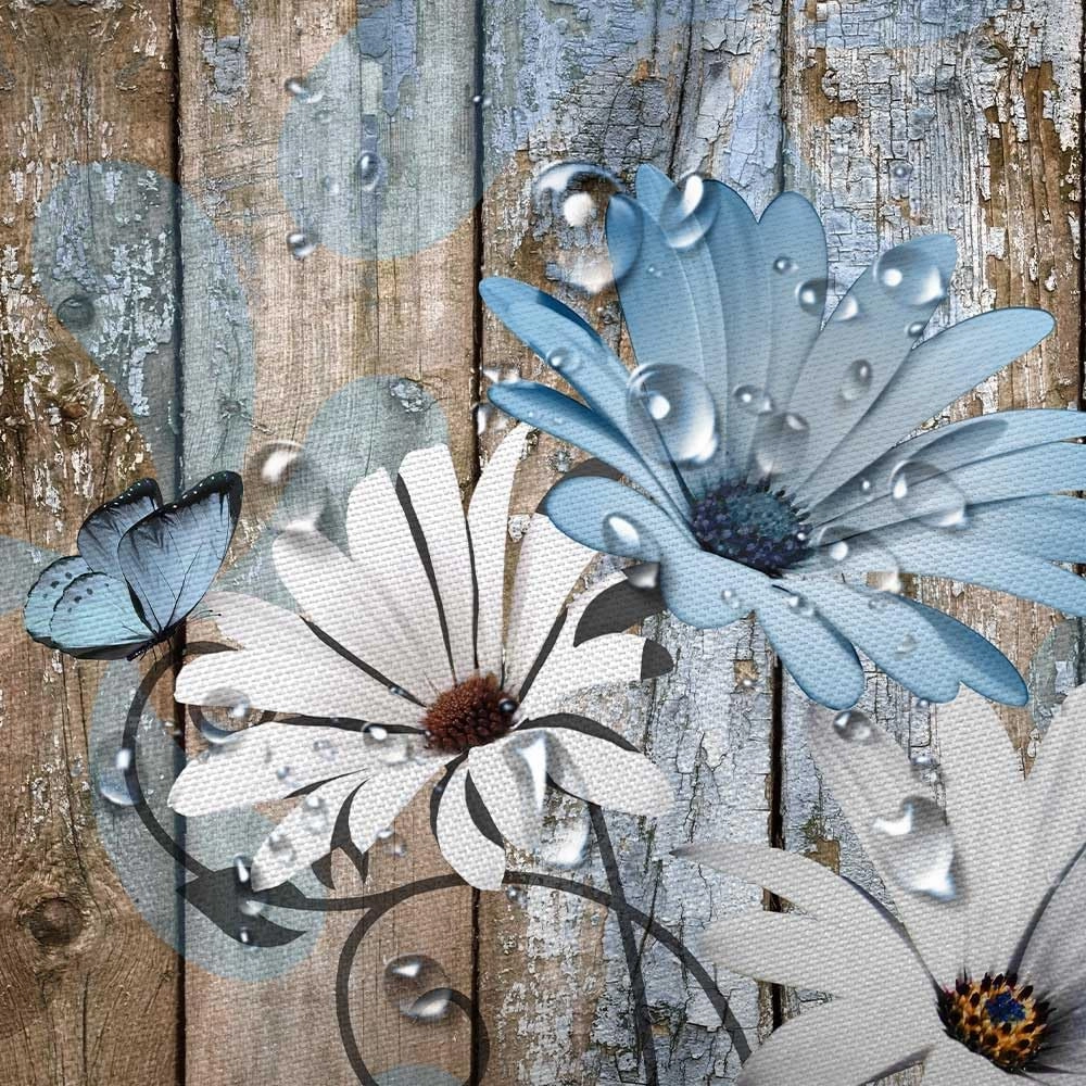 JAWO Farmhouse Flower Floral Shower Curtain, Rustic Blue Daisy Shower Curtain Set, Country Blue Wild Garden Plant Fabric Shower Curtain with Hooks, Brown Wooden Board Bathroom Curtain, 69x70inch