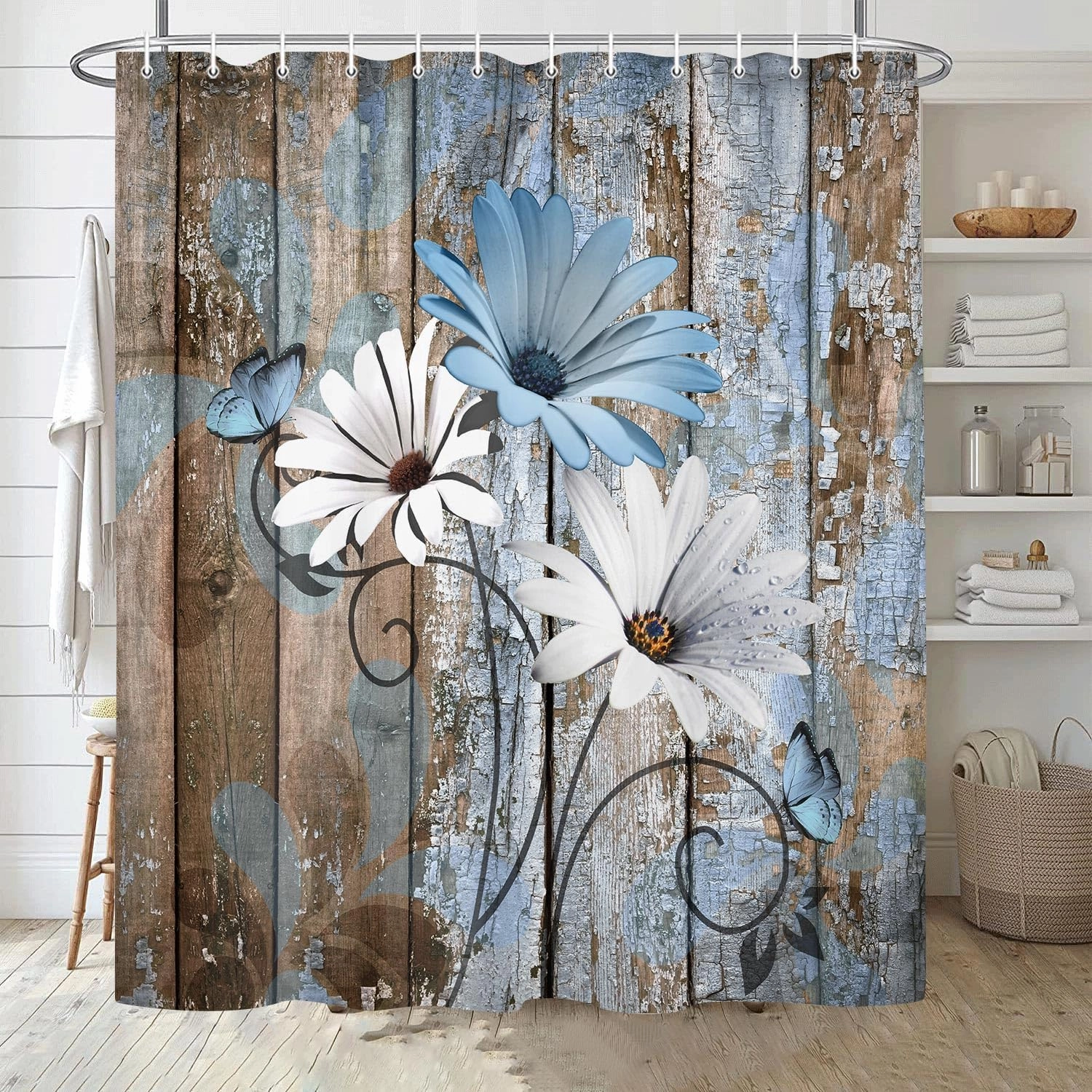 JAWO Farmhouse Flower Floral Shower Curtain, Rustic Blue Daisy Shower Curtain Set, Country Blue Wild Garden Plant Fabric Shower Curtain with Hooks, Brown Wooden Board Bathroom Curtain, 69x70inch