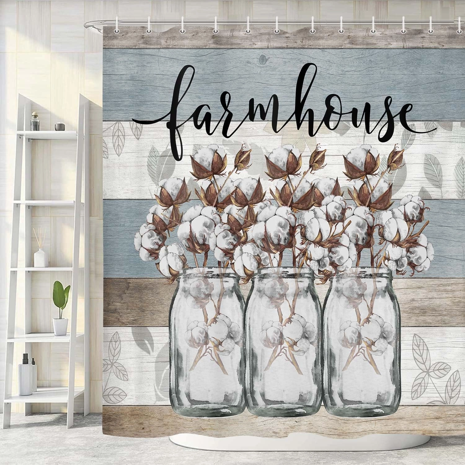 JAWO Rustic Floral Shower Curtain, Farmhouse Cotton Flower in Gray Mason Jar Rustic Country Wood Plank Fabric Shower Curtain, Bathroom Curtains with Hooks Sets 69x70inches