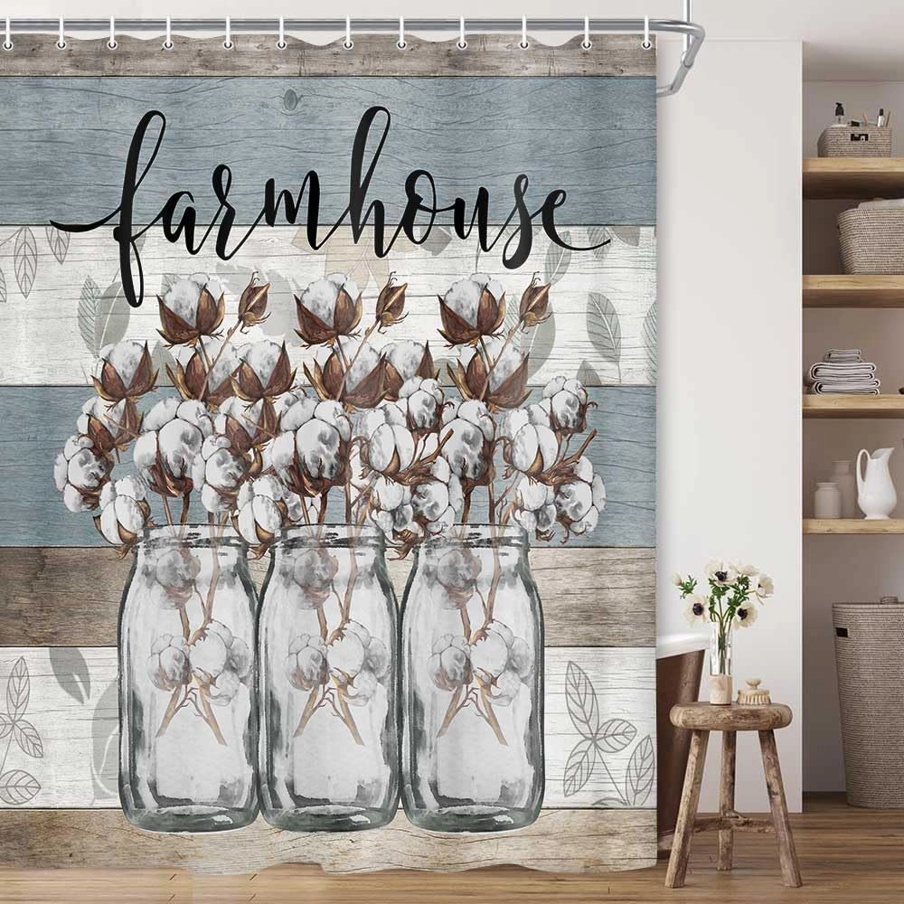 JAWO Rustic Floral Shower Curtain, Farmhouse Cotton Flower in Gray Mason Jar Rustic Country Wood Plank Fabric Shower Curtain, Bathroom Curtains with Hooks Sets 69x70inches