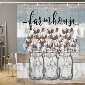 JAWO Rustic Floral Shower Curtain, Farmhouse Cotton Flower in Gray Mason Jar Rustic Country Wood Plank Fabric Shower Curtain, Bathroom Curtains with Hooks Sets 69x70inches