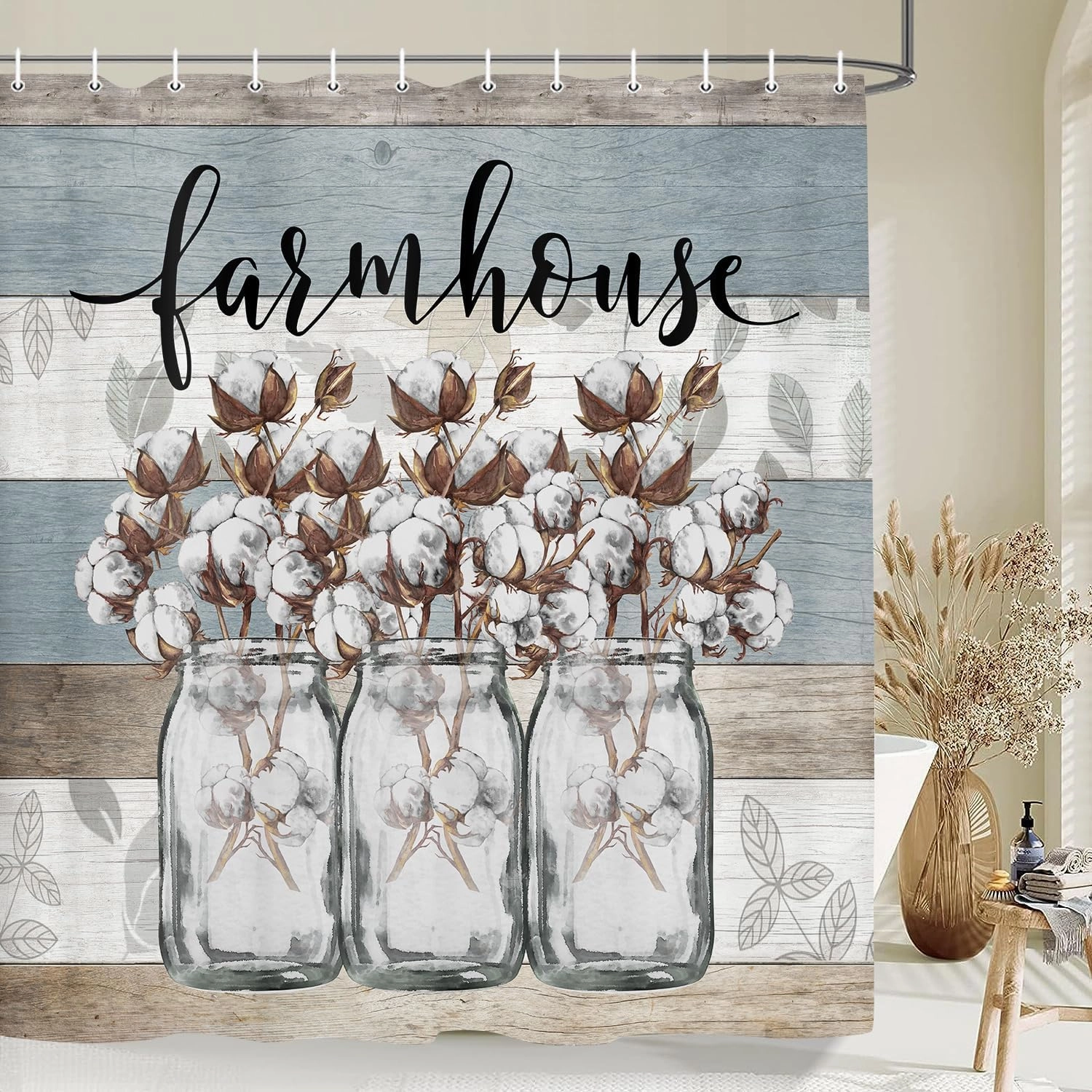 JAWO Rustic Floral Shower Curtain, Farmhouse Cotton Flower in Gray Mason Jar Rustic Country Wood Plank Fabric Shower Curtain, Bathroom Curtains with Hooks Sets 69x70inches