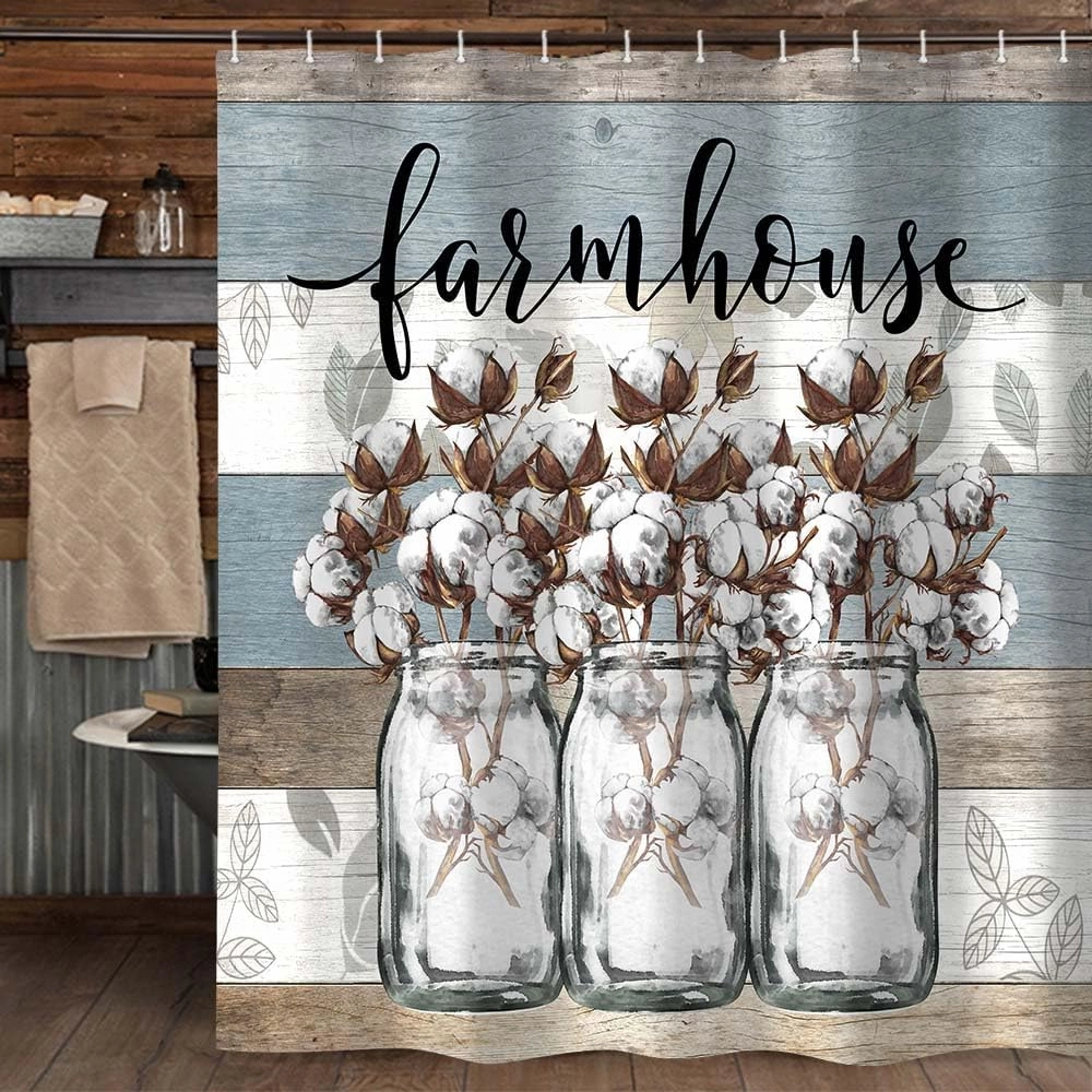 JAWO Rustic Floral Shower Curtain, Farmhouse Cotton Flower in Gray Mason Jar Rustic Country Wood Plank Fabric Shower Curtain, Bathroom Curtains with Hooks Sets 69x70inches
