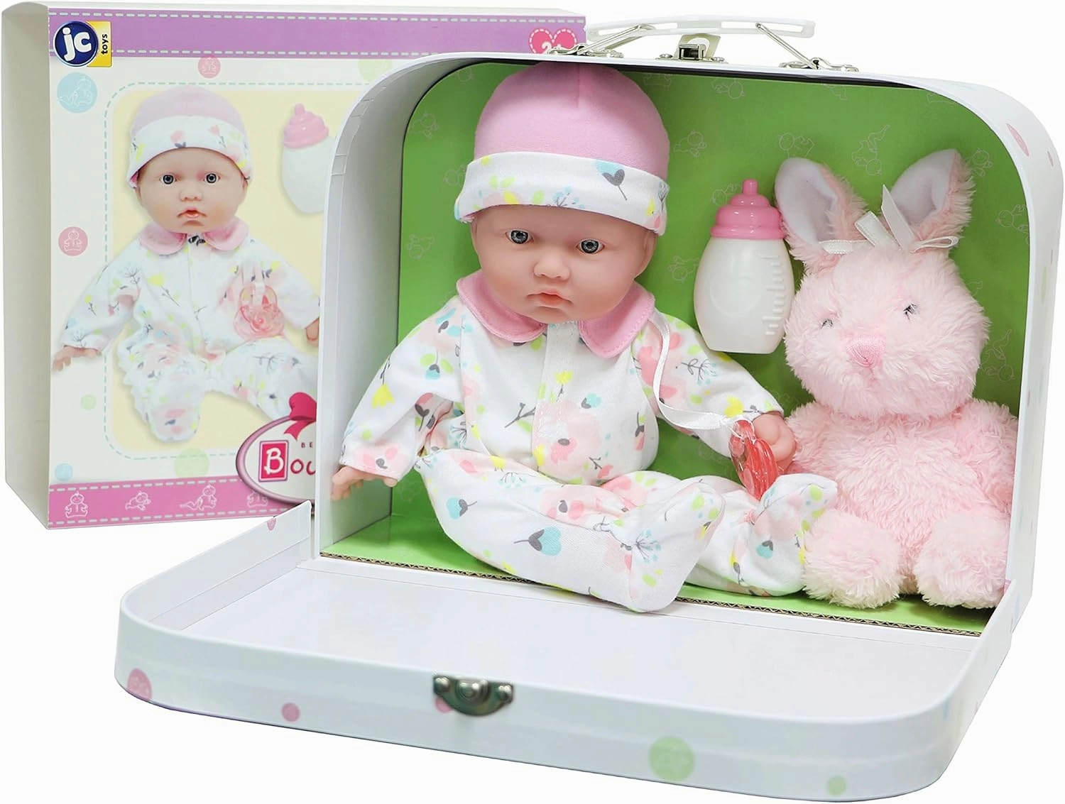 JC Toys - La Baby Travel Case Gift Set| Caucasian 11-inch Small Soft Body Baby Doll | Washable | Cute Outfit, Bottle, Pacifier & Plush Bunny | for Children 12 Months  , Pink