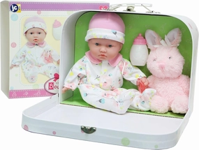 JC Toys - La Baby Travel Case Gift Set| Caucasian 11-inch Small Soft Body Baby Doll | Washable | Cute Outfit, Bottle, Pacifier & Plush Bunny | for Children 12 Months  , Pink