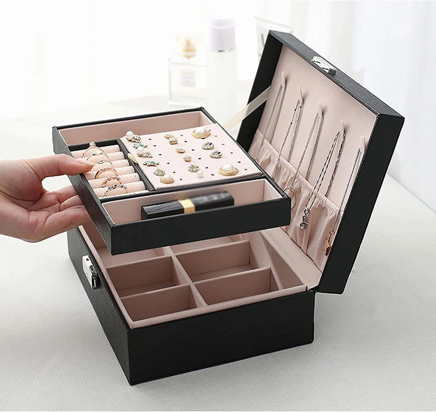 Jewelry Box Jewelry Case Leather Jewelry Box For Women Large Jewelry Organizer Two Layers With Lock Display For Earrings Bracelets Rings Watches Jewelry Organizer