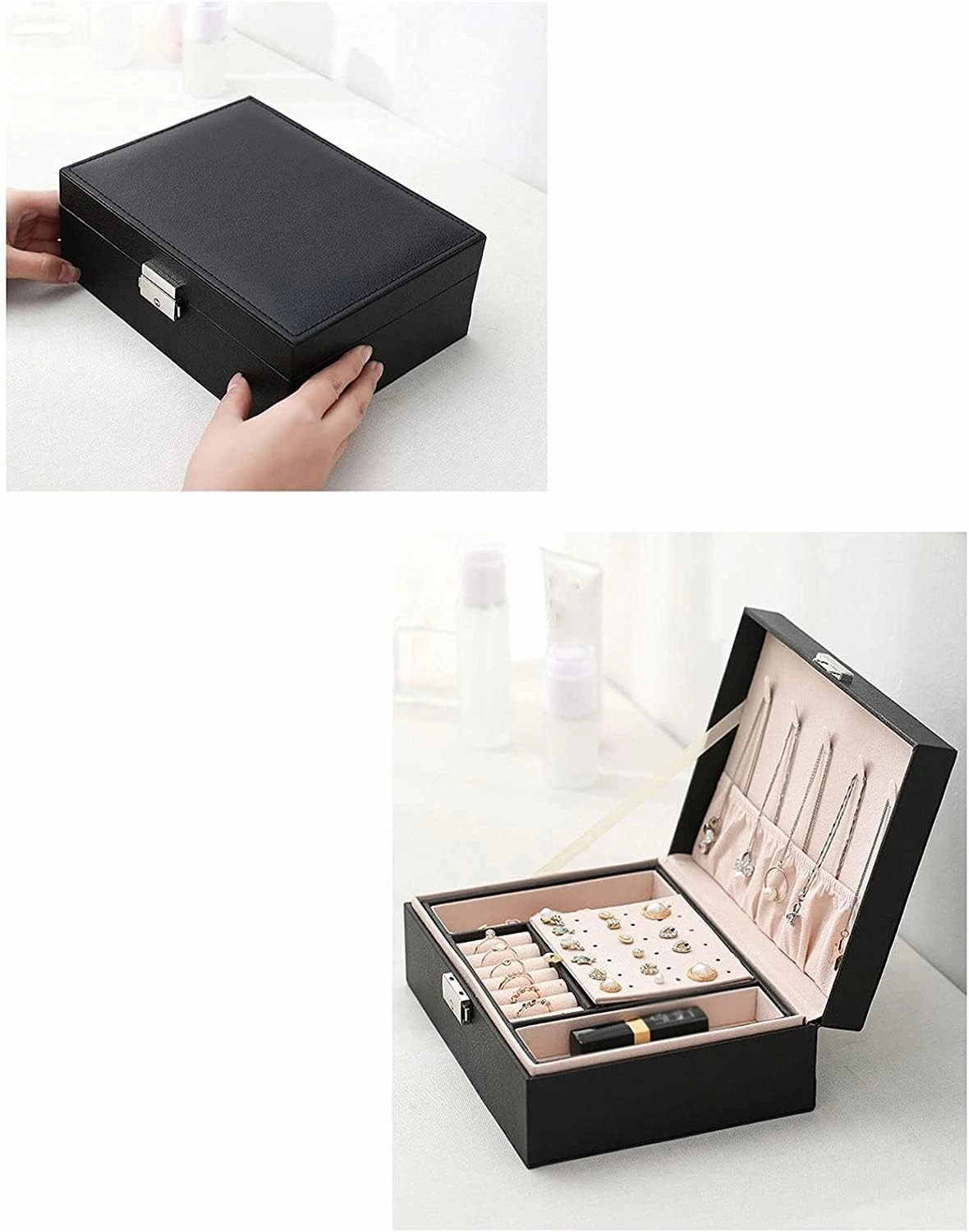 Jewelry Box Jewelry Case Leather Jewelry Box For Women Large Jewelry Organizer Two Layers With Lock Display For Earrings Bracelets Rings Watches Jewelry Organizer