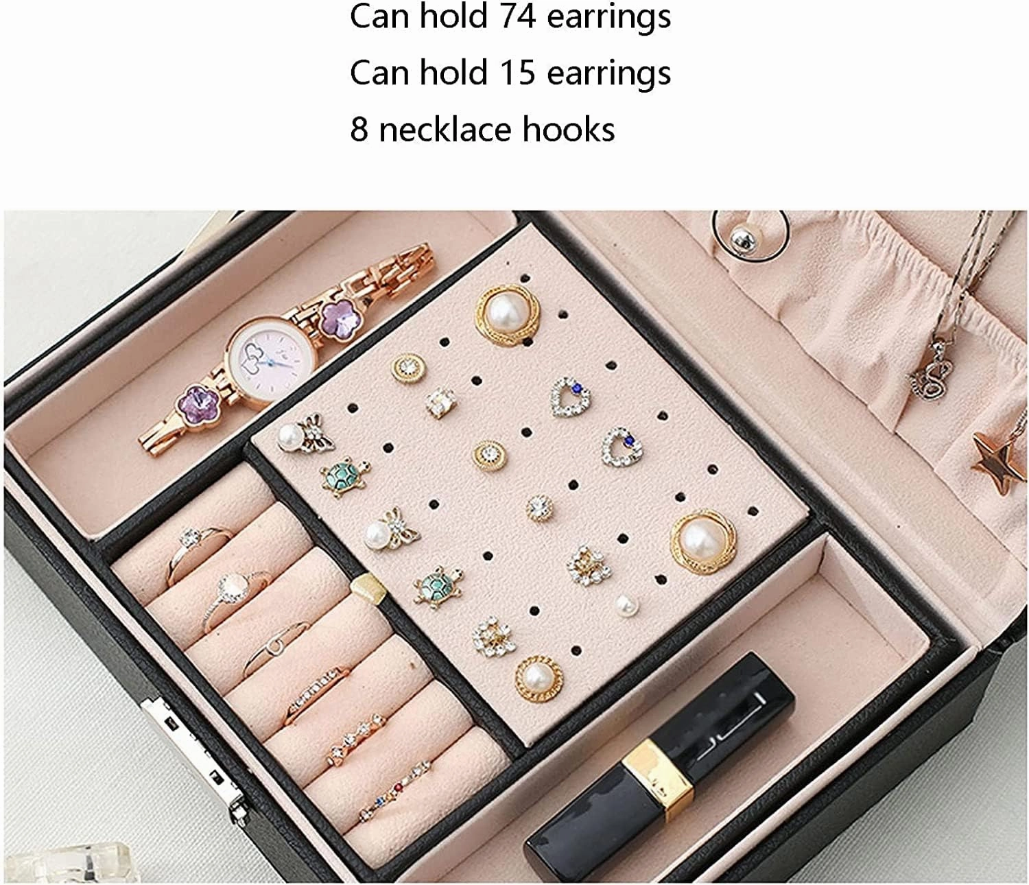 Jewelry Box Jewelry Case Leather Jewelry Box For Women Large Jewelry Organizer Two Layers With Lock Display For Earrings Bracelets Rings Watches Jewelry Organizer
