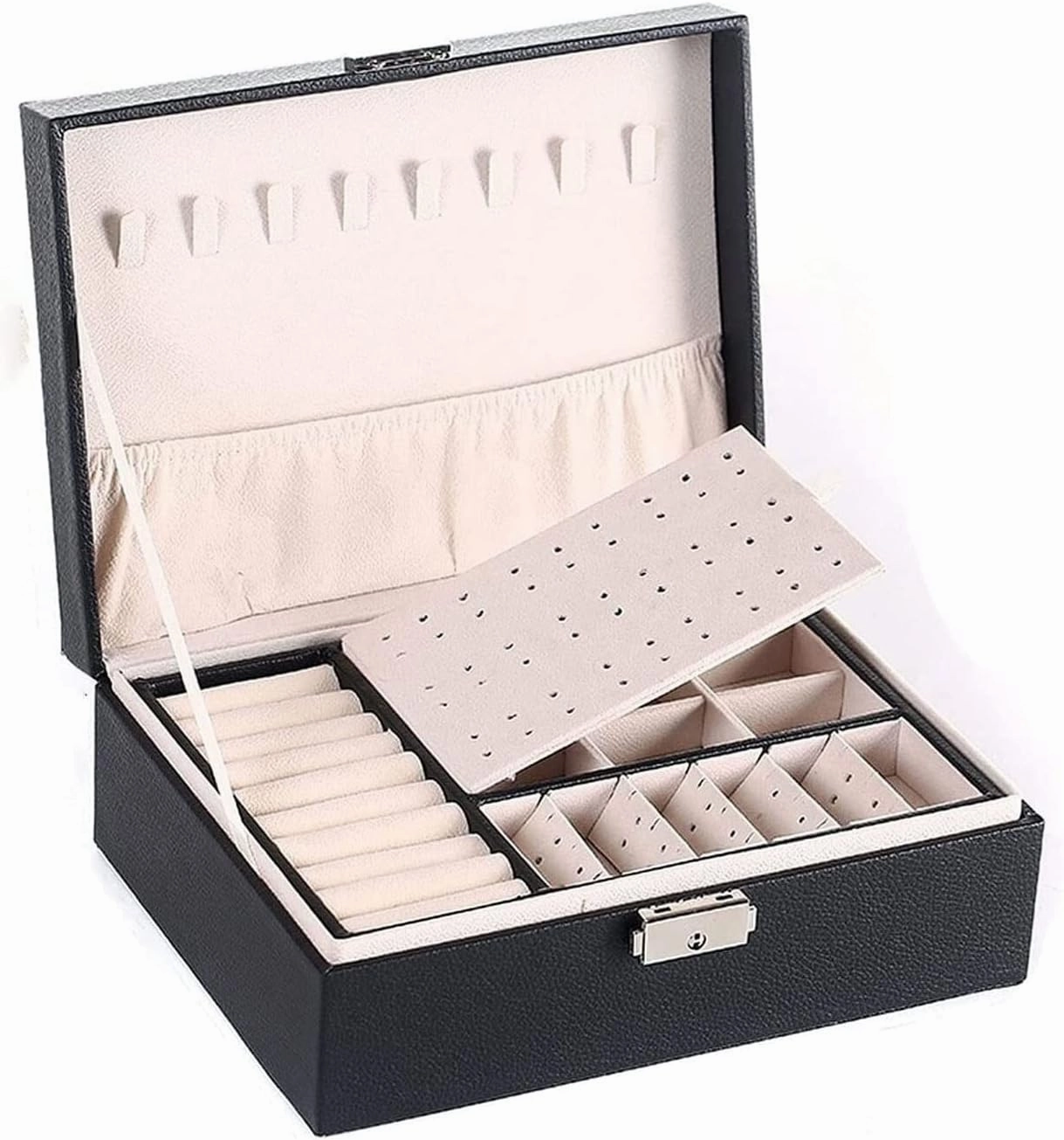 Jewelry Box Jewelry Case Leather Jewelry Box For Women Large Jewelry Organizer Two Layers With Lock Display For Earrings Bracelets Rings Watches Jewelry Organizer