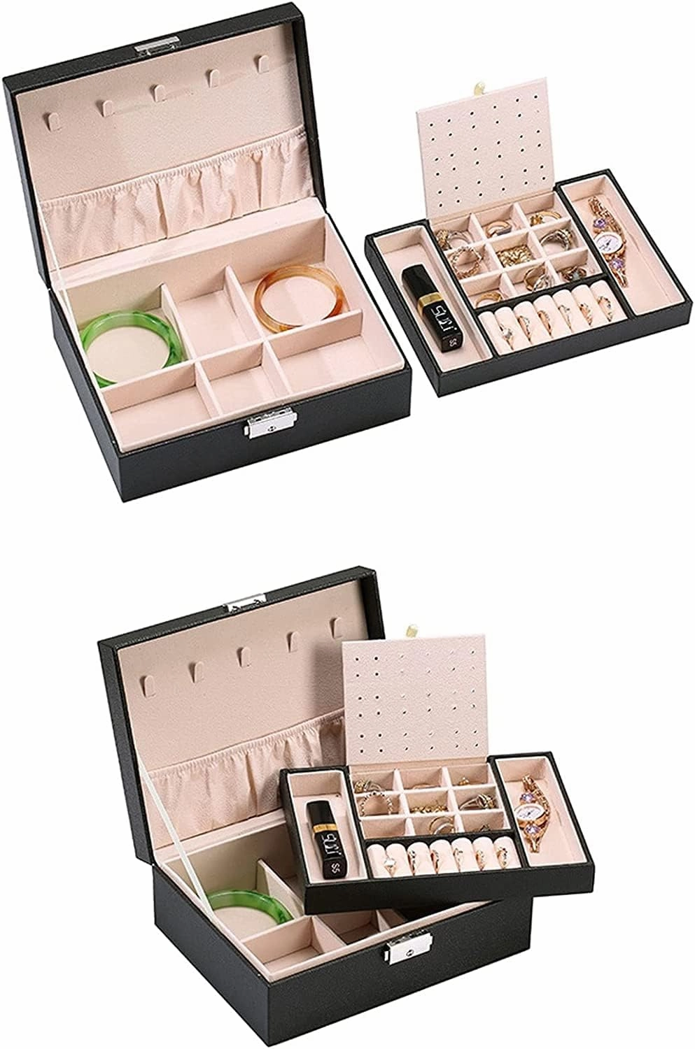 Jewelry Box Jewelry Case Leather Jewelry Box For Women Large Jewelry Organizer Two Layers With Lock Display For Earrings Bracelets Rings Watches Jewelry Organizer