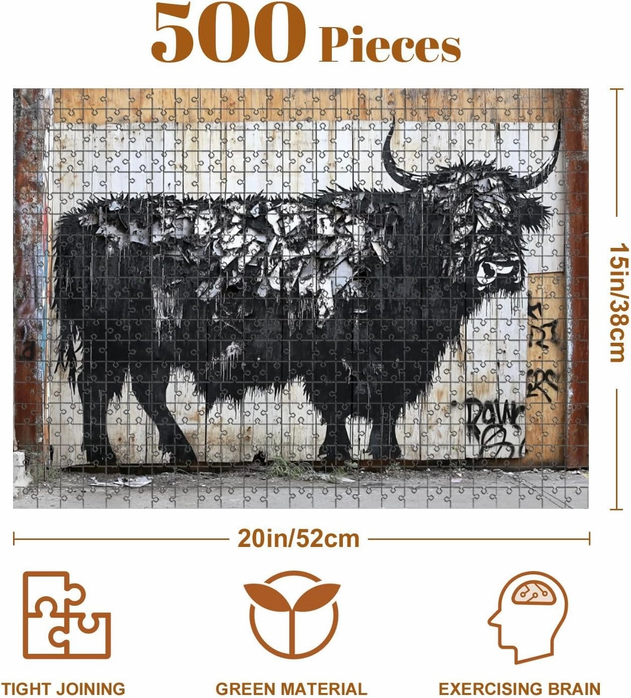 Jigsaw Puzzles 500 Pieces for Adult Urban Expressionism Highland Cow Graffiti Weathered Wooden Wall Puzzle Game for Family Wooden Puzzle Toy Educational Games Puzzles for Home Decor