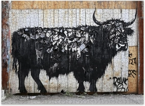 Jigsaw Puzzles 500 Pieces for Adult Urban Expressionism Highland Cow Graffiti Weathered Wooden Wall Puzzle Game for Family Wooden Puzzle Toy Educational Games Puzzles for Home Decor