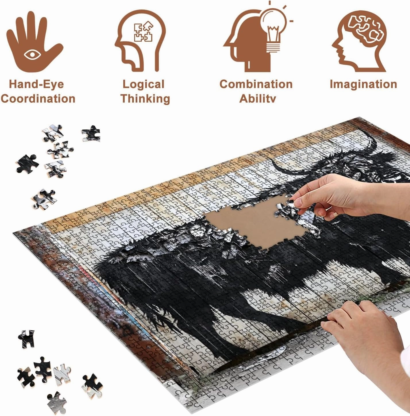 Jigsaw Puzzles 500 Pieces for Adult Urban Expressionism Highland Cow Graffiti Weathered Wooden Wall Puzzle Game for Family Wooden Puzzle Toy Educational Games Puzzles for Home Decor