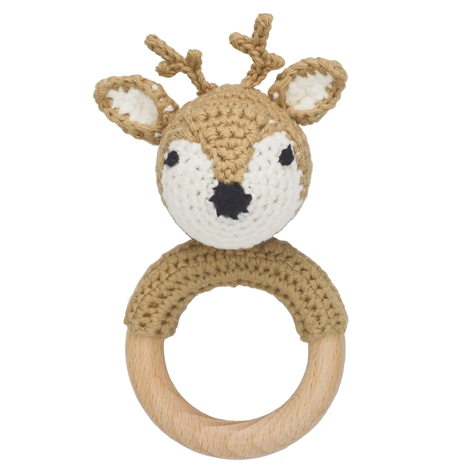Joliecraft Woodland Friends Baby Rattle Shaker Toy with Wooden Teething Ring in White and Tan Deer