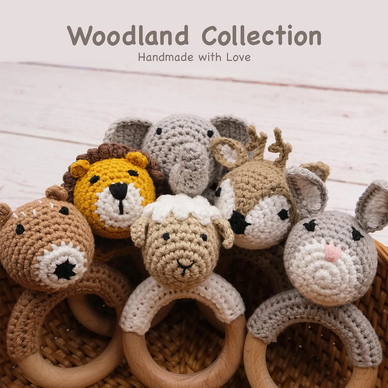 Joliecraft Woodland Friends Baby Rattle Shaker Toy with Wooden Teething Ring in White and Tan Deer