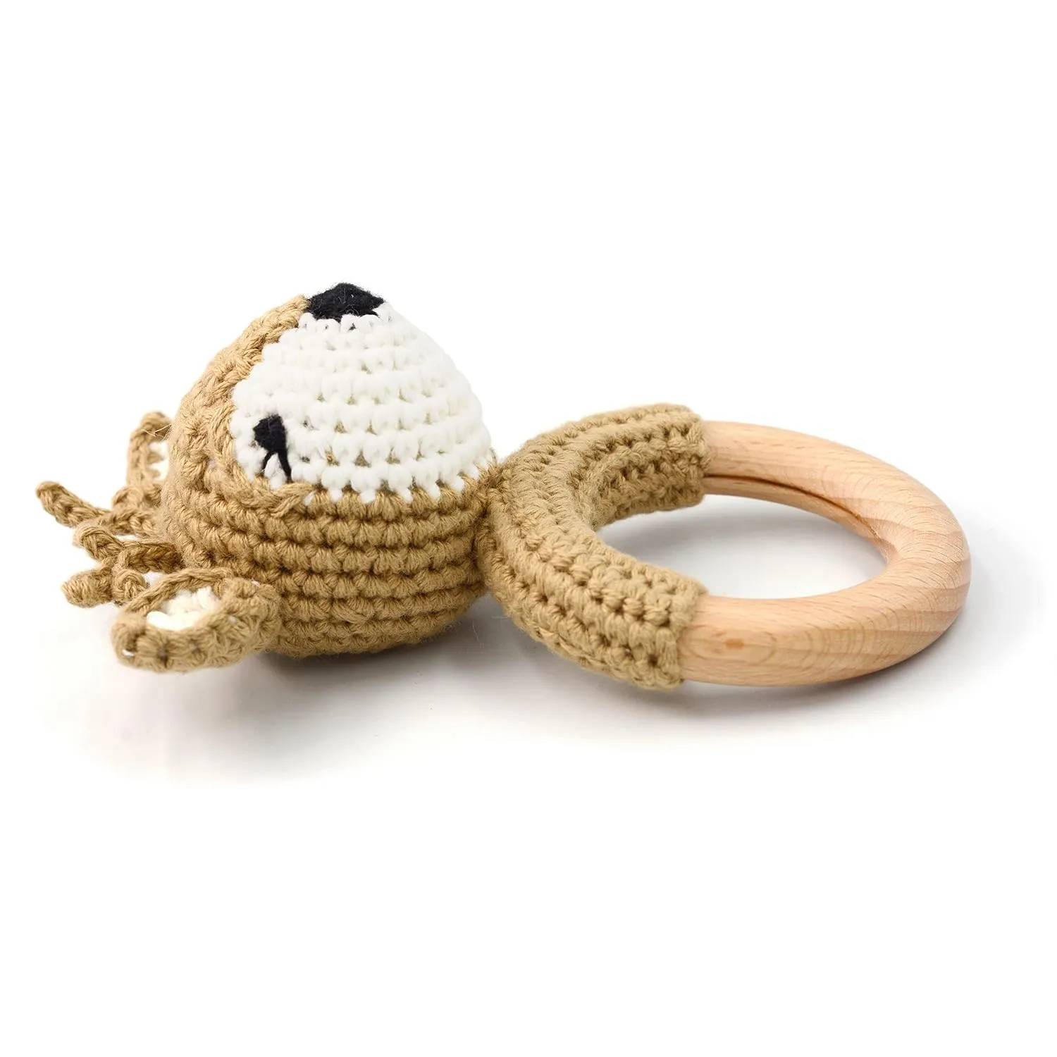 Joliecraft Woodland Friends Baby Rattle Shaker Toy with Wooden Teething Ring in White and Tan Deer