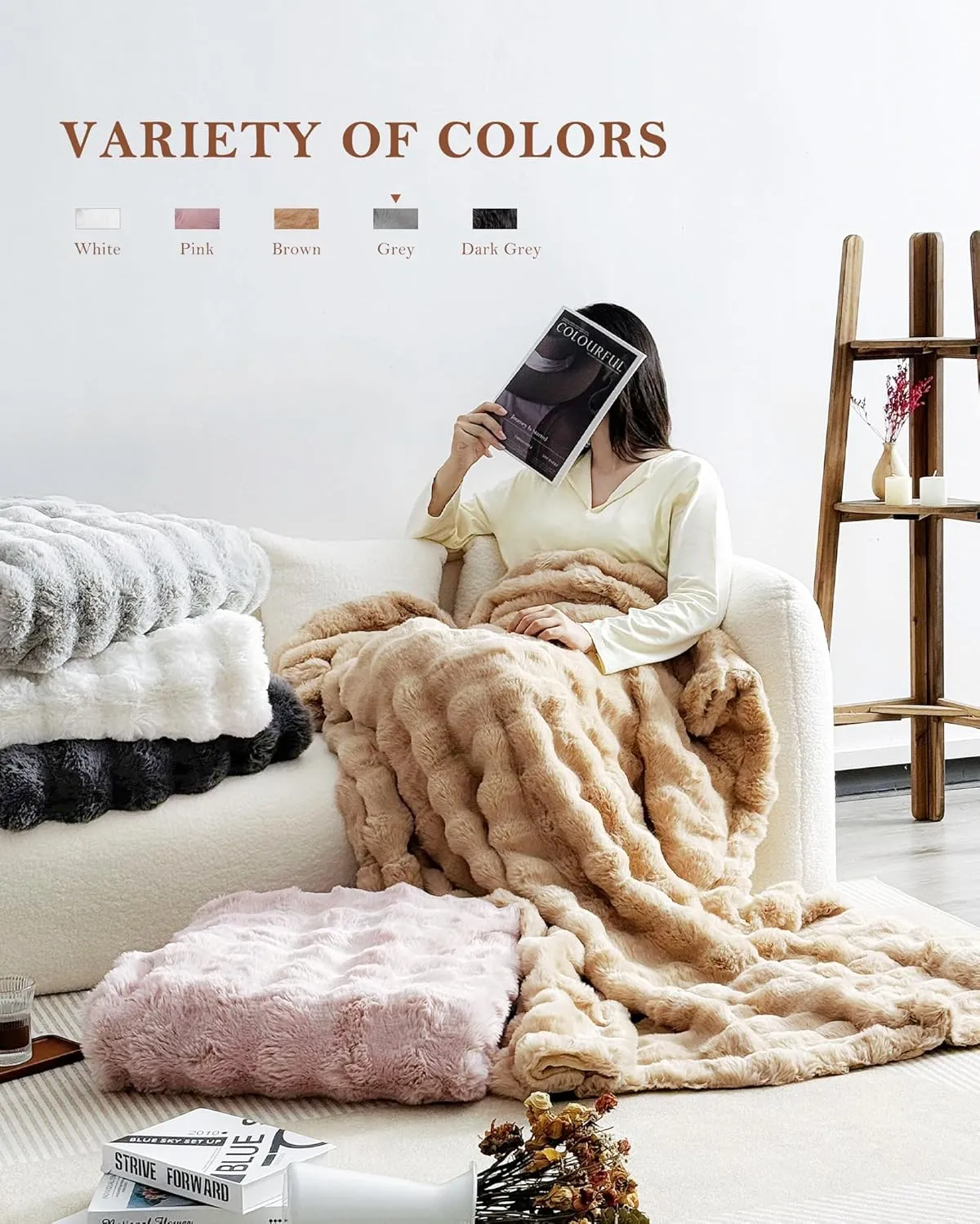 July Soft Reversible Faux Rabbit Fur Throw Blanket, Lightweight Fuzzy Bubble Throw Blanket for Bed, Cozy Blankets for Women Gift, Grey, 50" x 60", SC-GY5060