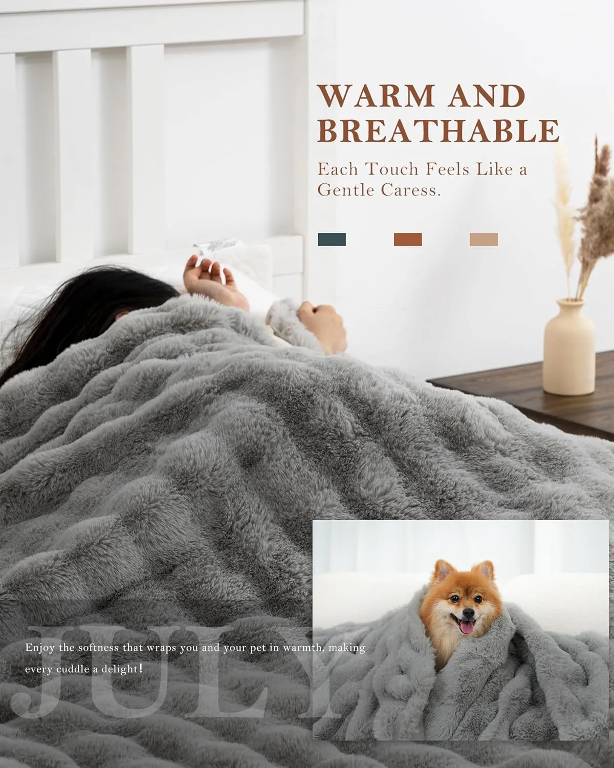 July Soft Reversible Faux Rabbit Fur Throw Blanket, Lightweight Fuzzy Bubble Throw Blanket for Bed, Cozy Blankets for Women Gift, Grey, 50" x 60", SC-GY5060