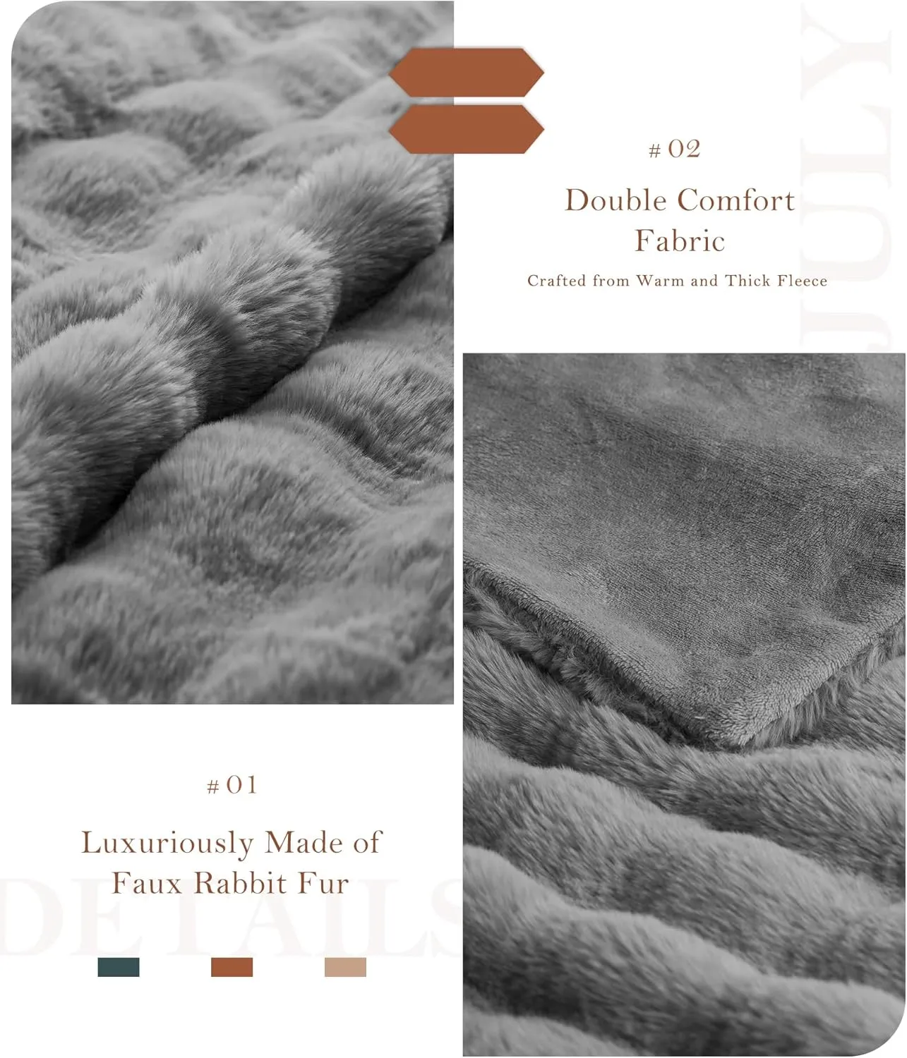 July Soft Reversible Faux Rabbit Fur Throw Blanket, Lightweight Fuzzy Bubble Throw Blanket for Bed, Cozy Blankets for Women Gift, Grey, 50" x 60", SC-GY5060