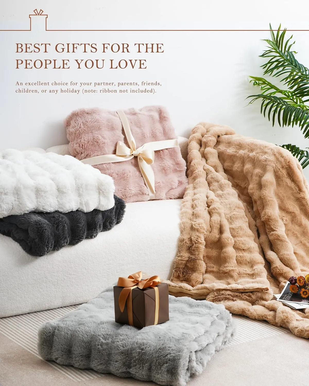 July Soft Reversible Faux Rabbit Fur Throw Blanket, Lightweight Fuzzy Bubble Throw Blanket for Bed, Cozy Blankets for Women Gift, Grey, 50" x 60", SC-GY5060