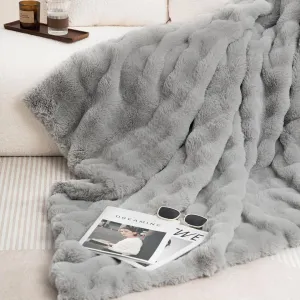 July Soft Reversible Faux Rabbit Fur Throw Blanket, Lightweight Fuzzy Bubble Throw Blanket for Bed, Cozy Blankets for Women Gift, Grey, 50" x 60", SC-GY5060