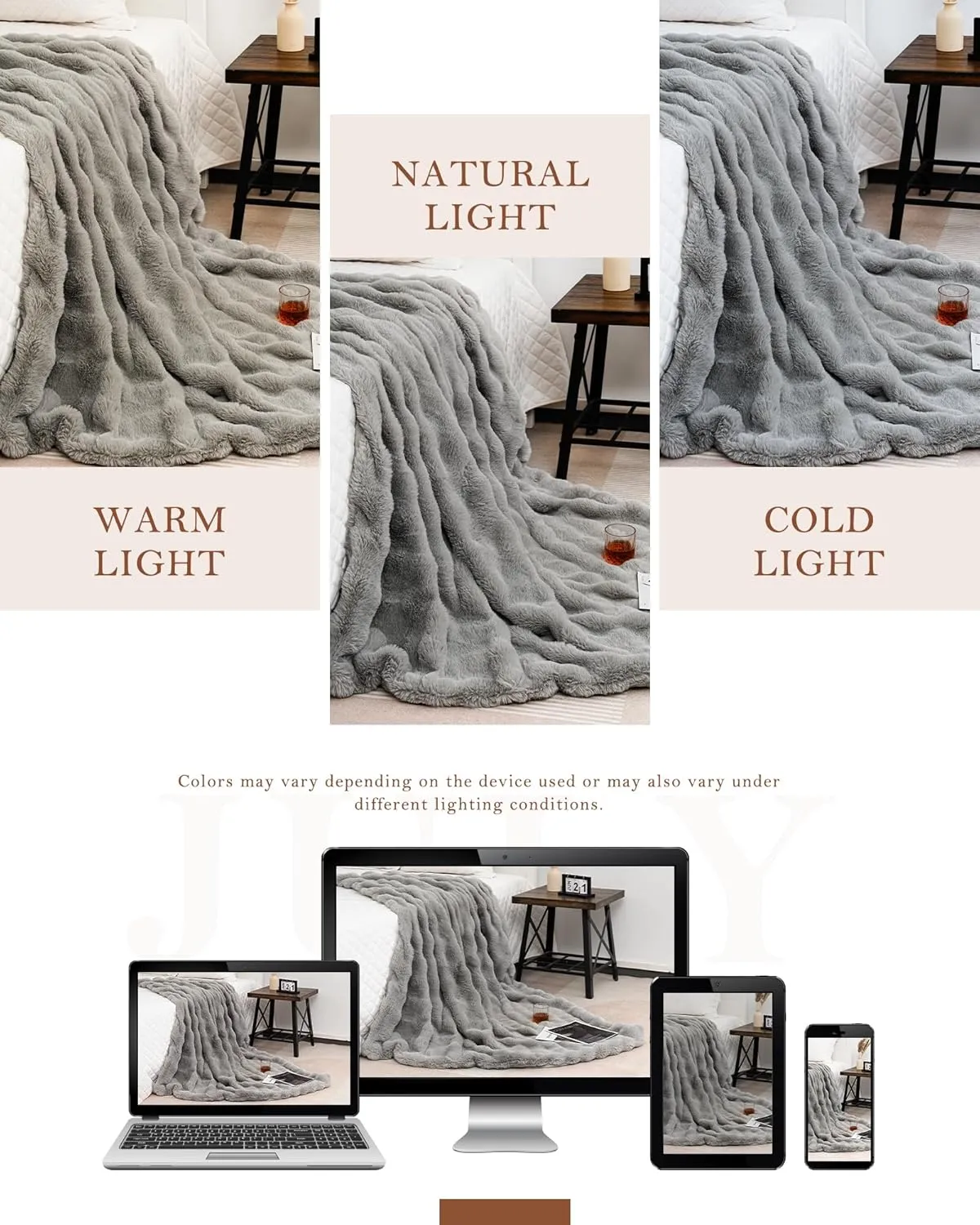 July Soft Reversible Faux Rabbit Fur Throw Blanket, Lightweight Fuzzy Bubble Throw Blanket for Bed, Cozy Blankets for Women Gift, Grey, 50" x 60", SC-GY5060