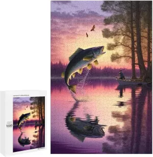 Jumping Fish Jigsaw Puzzles for Adults 1000 Pieces - Purple Sunset Lake & Animal Wooden Puzzles, Great Toys for Kids & Home Decor