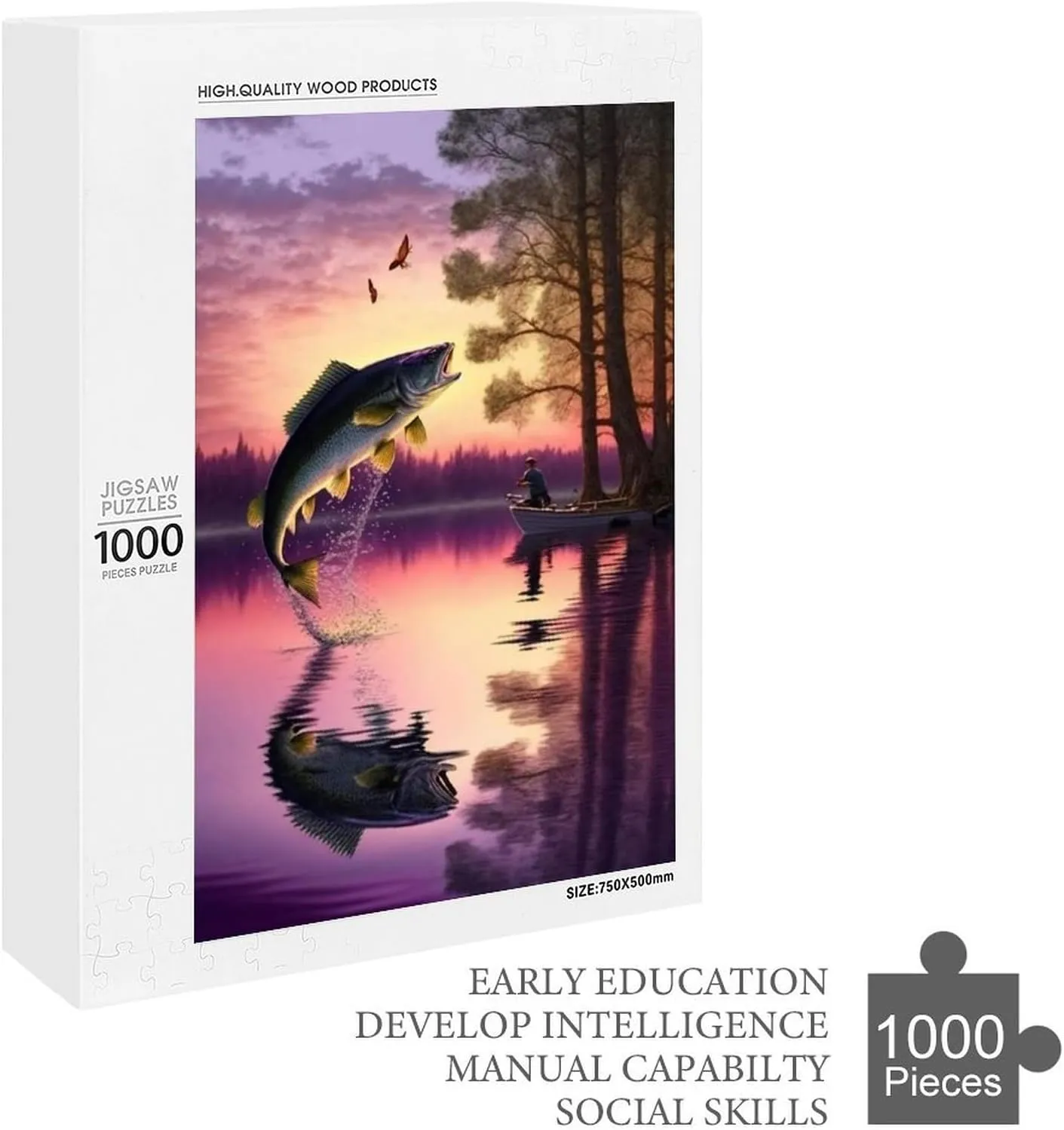 Jumping Fish Jigsaw Puzzles for Adults 1000 Pieces - Purple Sunset Lake & Animal Wooden Puzzles, Great Toys for Kids & Home Decor
