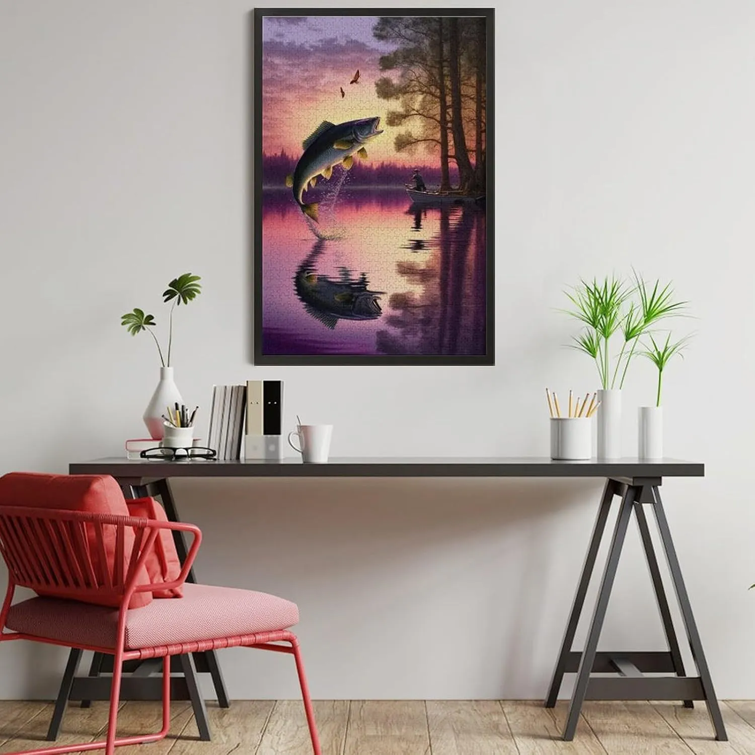 Jumping Fish Jigsaw Puzzles for Adults 1000 Pieces - Purple Sunset Lake & Animal Wooden Puzzles, Great Toys for Kids & Home Decor