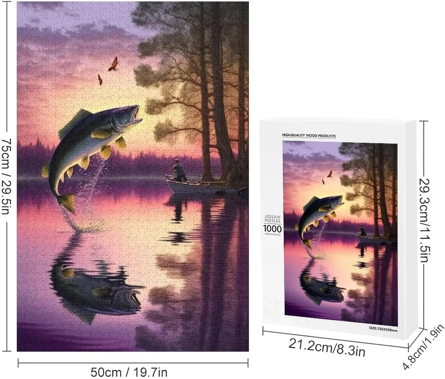 Jumping Fish Jigsaw Puzzles for Adults 1000 Pieces - Purple Sunset Lake & Animal Wooden Puzzles, Great Toys for Kids & Home Decor