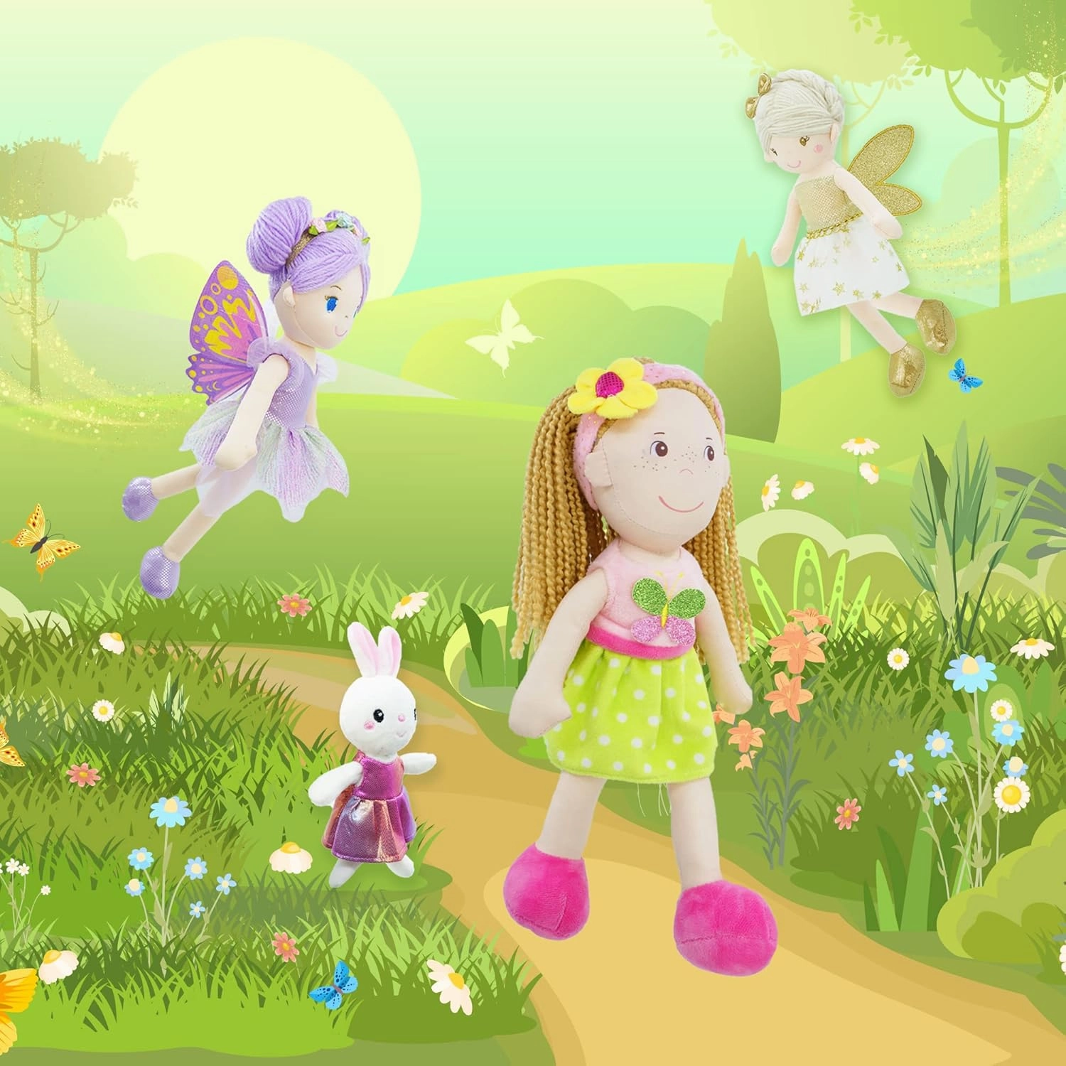 June Garden 14" Playmate Buddies - Plush Doll Aubrey with Her Stuffed Animal Companion Bunny Trixy