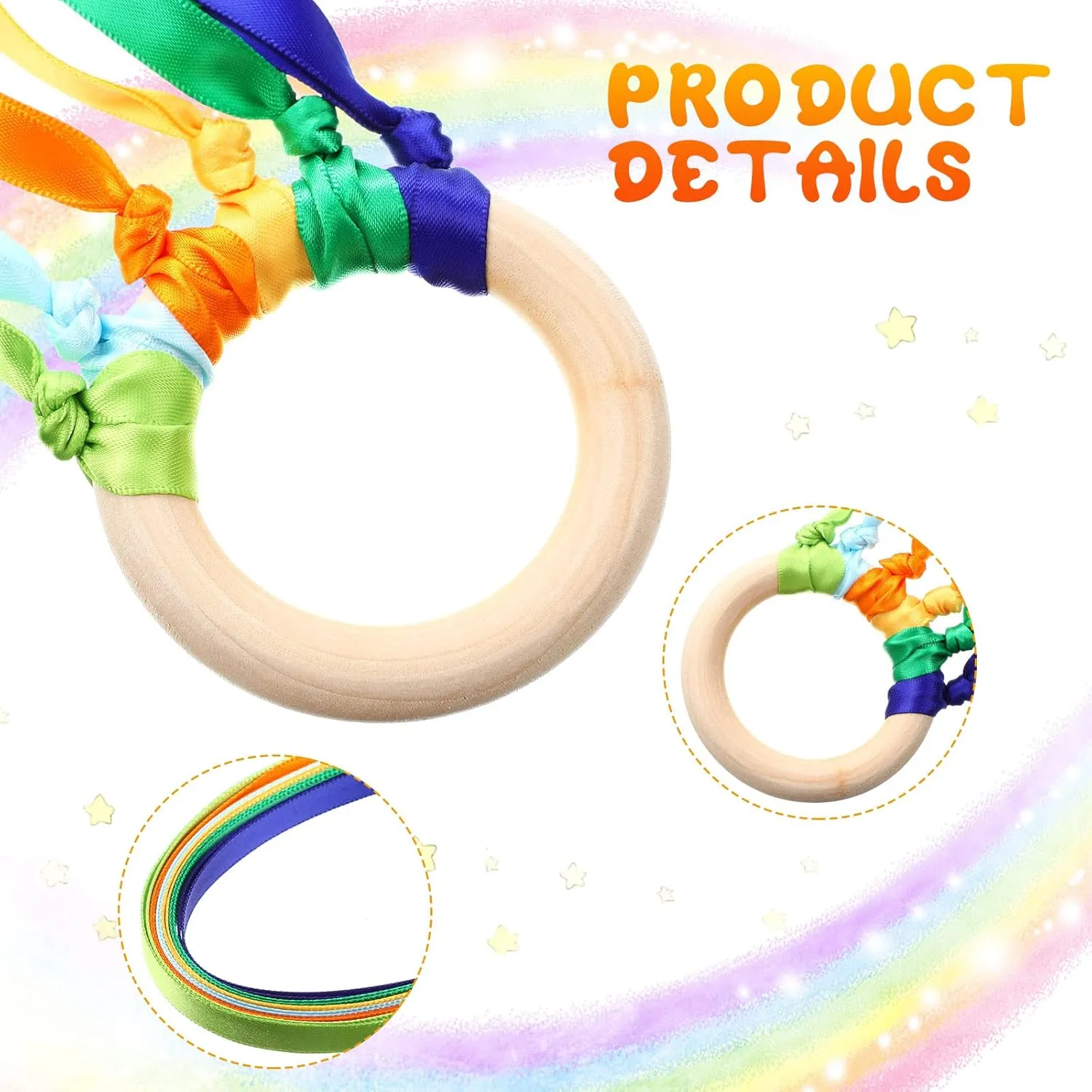 Junkin Rainbow Hand Kite Waldorf Toys Creative Dancing Ribbon Streamer with Wood Ring Wrist Sensory Learning Educational Toys for Playroom Dancing Birthday Party Gift(Rainbow,48 Pcs)