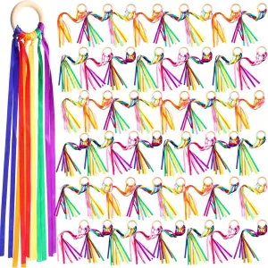 Junkin Rainbow Hand Kite Waldorf Toys Creative Dancing Ribbon Streamer with Wood Ring Wrist Sensory Learning Educational Toys for Playroom Dancing Birthday Party Gift(Rainbow,48 Pcs)