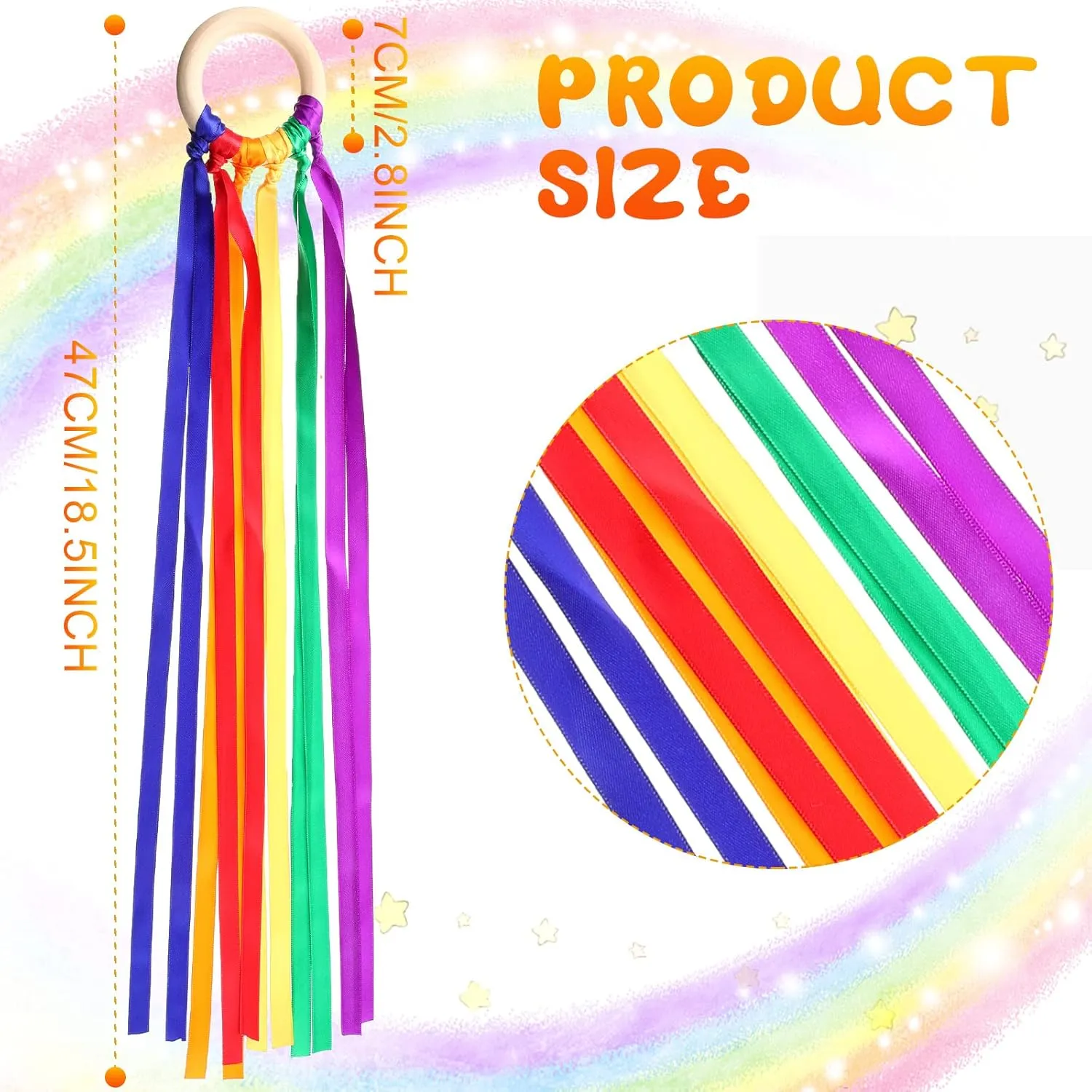 Junkin Rainbow Hand Kite Waldorf Toys Creative Dancing Ribbon Streamer with Wood Ring Wrist Sensory Learning Educational Toys for Playroom Dancing Birthday Party Gift(Rainbow,48 Pcs)