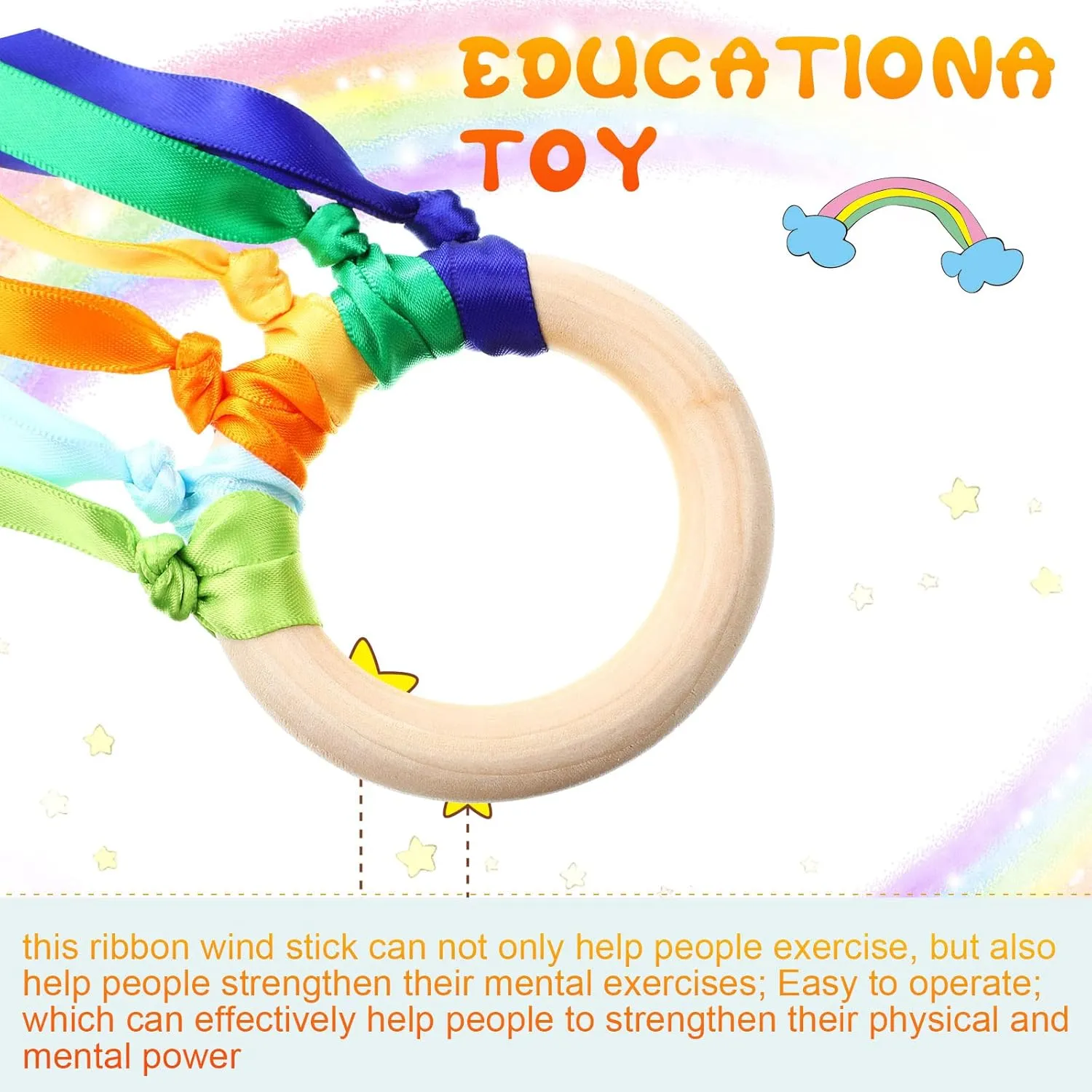 Junkin Rainbow Hand Kite Waldorf Toys Creative Dancing Ribbon Streamer with Wood Ring Wrist Sensory Learning Educational Toys for Playroom Dancing Birthday Party Gift(Rainbow,48 Pcs)