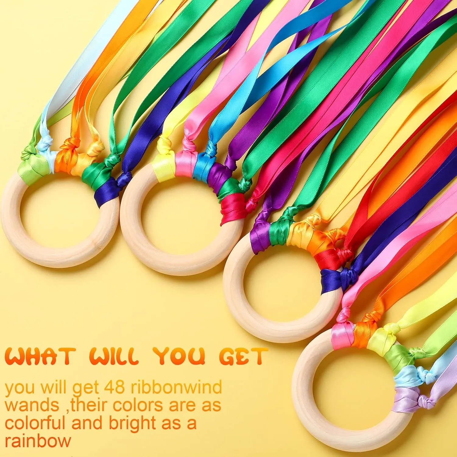 Junkin Rainbow Hand Kite Waldorf Toys Creative Dancing Ribbon Streamer with Wood Ring Wrist Sensory Learning Educational Toys for Playroom Dancing Birthday Party Gift(Rainbow,48 Pcs)