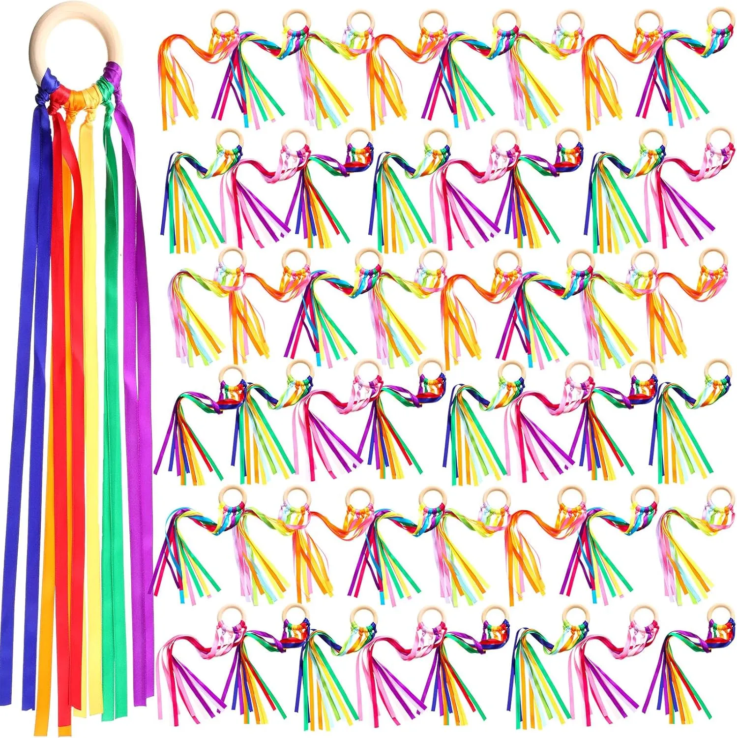 Junkin Rainbow Hand Kite Waldorf Toys Creative Dancing Ribbon Streamer with Wood Ring Wrist Sensory Learning Educational Toys for Playroom Dancing Birthday Party Gift(Rainbow,48 Pcs)
